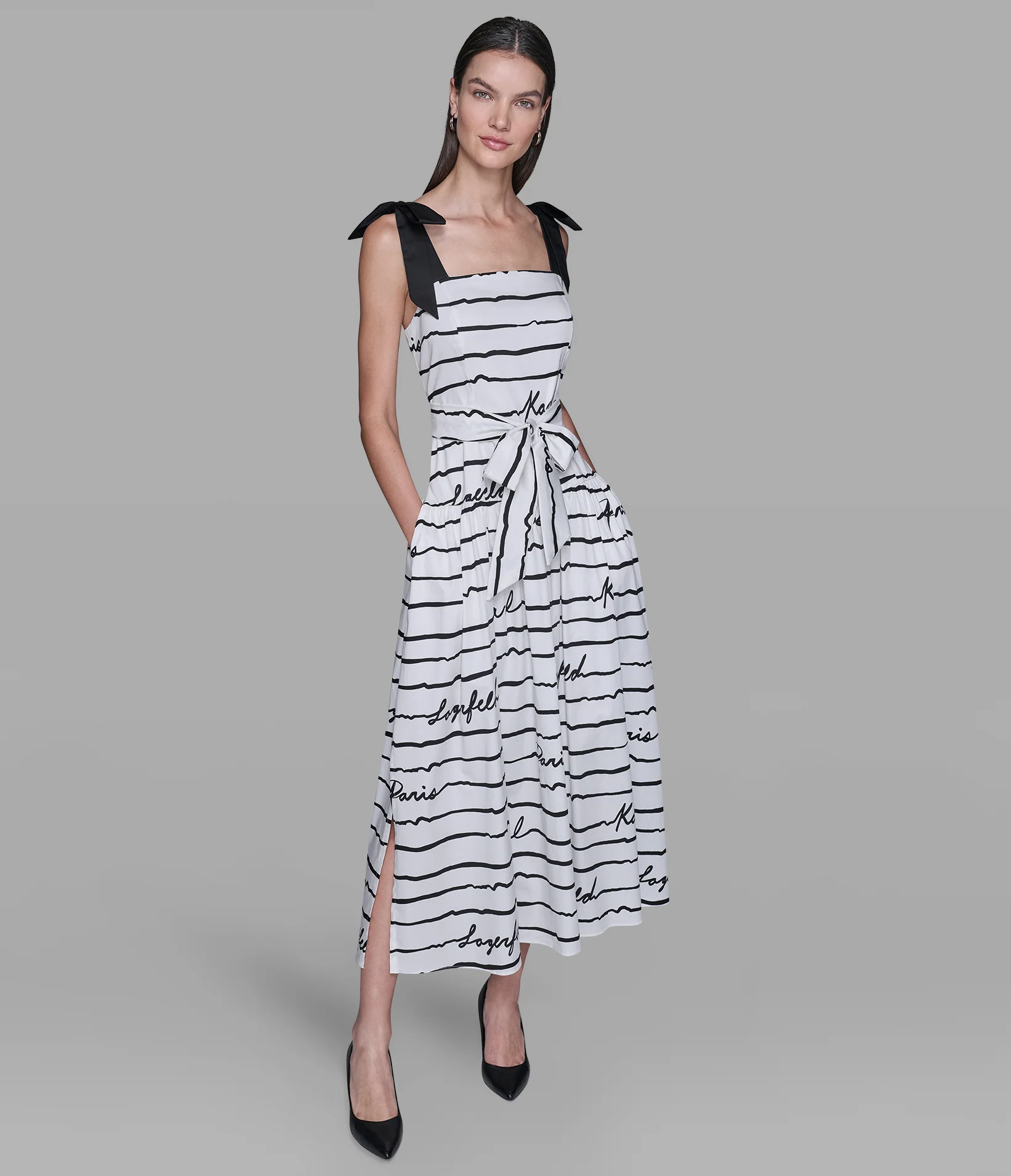 TIE-SHOULDER LOGO SCRIPT MIDI DRESS - Image 4